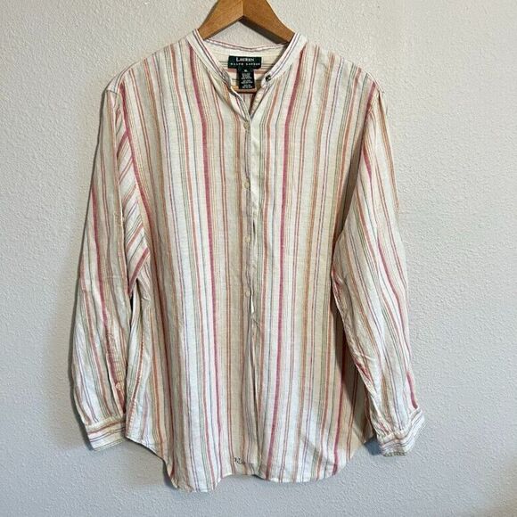 LRL Ralph Lauren Linen Tunic Top XL Striped Long Roll Tab Sleeve Mandarin Collar - Picture 2 of 9